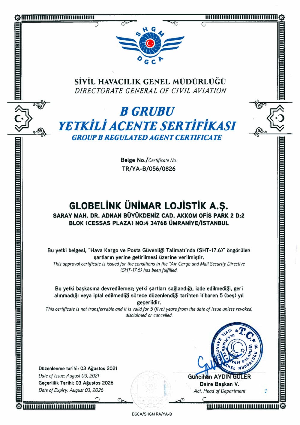 B Grubu Yetkili Acente Sertifikası