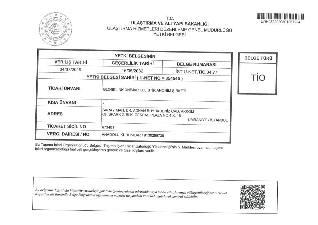 Globelink Ünimar TİO Belgesi